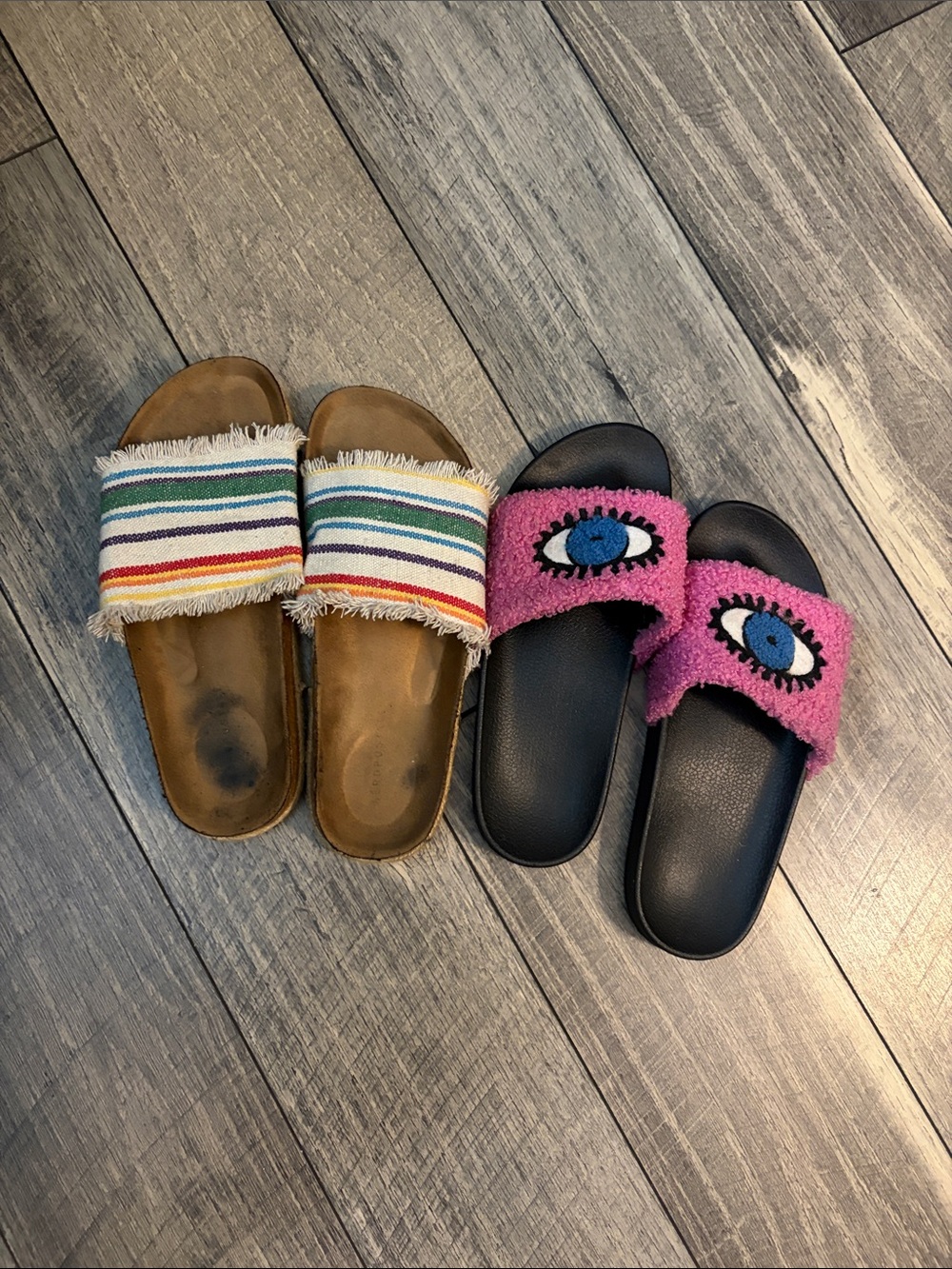 Two Pairs of Casual Slide Sandals - Striped Canvas & Pink “Evil Eye” slides